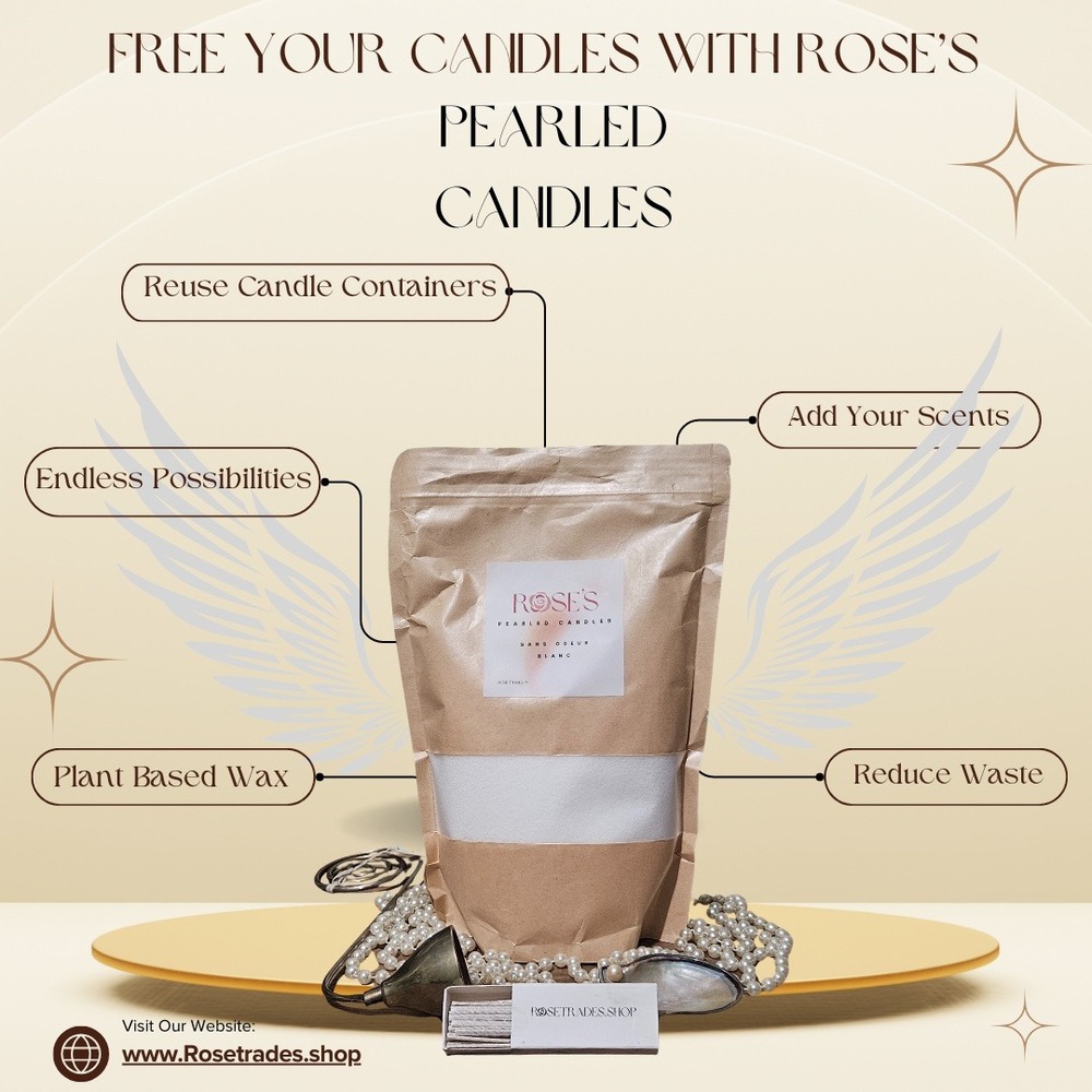 Rose's Pearled Candles: White Plant Based Wax Reusable Candle, 26oz w/40 wicks